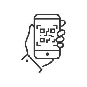 QR code scanner - line design single isolated icon on white background. An image of a hand holding a smartphone. High quality black pictogram