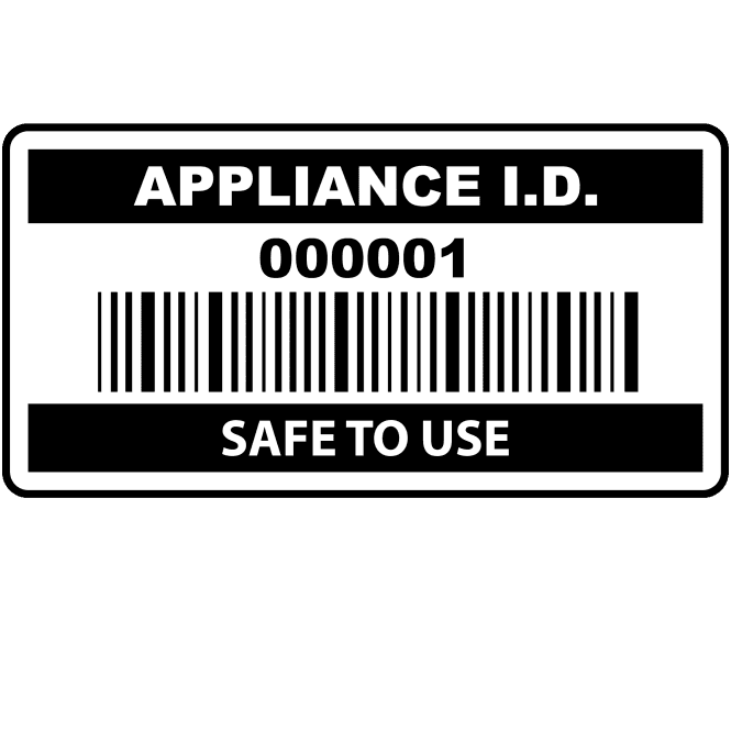 Budget Appliance ID Labels with Barcode for Portable Appliance Testing - Design 2