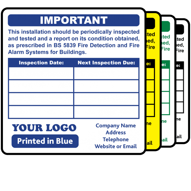 Budget Personalised Fire Alarm Inspection Labels - Design 1. 72mm x 73mm.