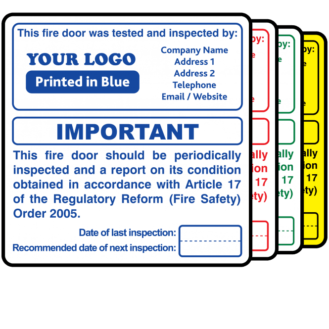 Budget Personalised Fire Door Periodic Inspection Labels - Design 1. 72mm x 73mm.