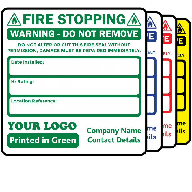 Budget Personalised Fire Stopping Labels - Design 1. 72mm x 73mm.