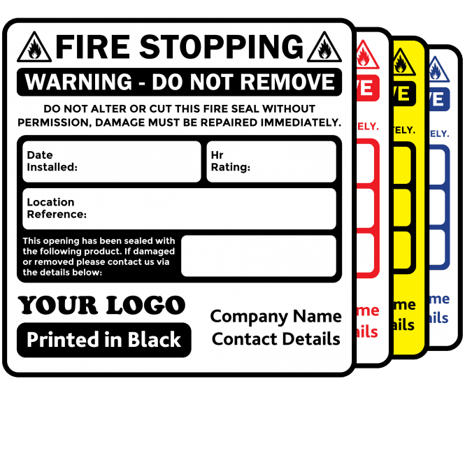 Budget Personalised Fire Stopping Labels - Design 2. 72mm x 73mm.
