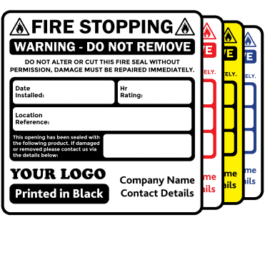 Budget Personalised Fire Stopping Labels - Design 2. 72mm x 73mm.