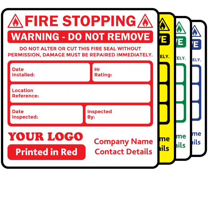 Budget Personalised Fire Stopping Labels - Design 3. 72mm x 73mm.
