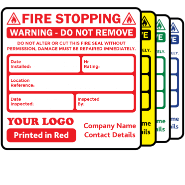 Budget Personalised Fire Stopping Labels - Design 3. 72mm x 73mm.