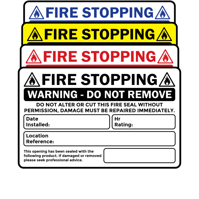 Budget Small Fire Stopping Labels in Single Colour - Design 2. 79mm x 49mm