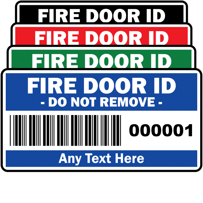 Budget Standard Size Fire Door ID Labels - Design 2. Choice of colours