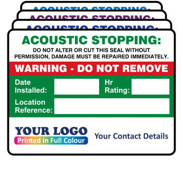 Extra Large Personalised Acoustic Stopping Installation Labels in Full Colour - Design 1. Choice of Colours. 100mm x 75mm