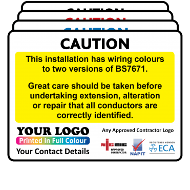 Extra Large Personalised Caution Cable Colour Harmonisation Labels in Full Colour - Design 2. 100mm x 75mm