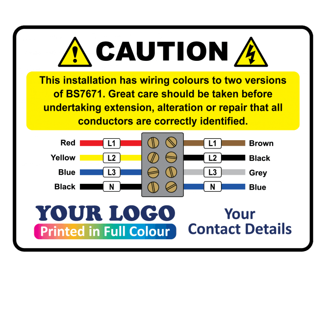 Extra Large Personalised Caution Cable Colour Harmonisation Labels in Full Colour - Design 5. 100mm x 75mm