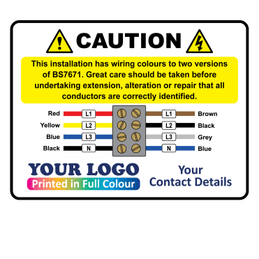 Extra Large Personalised Caution Cable Colour Harmonisation Labels in Full Colour - Design 5. 100mm x 75mm