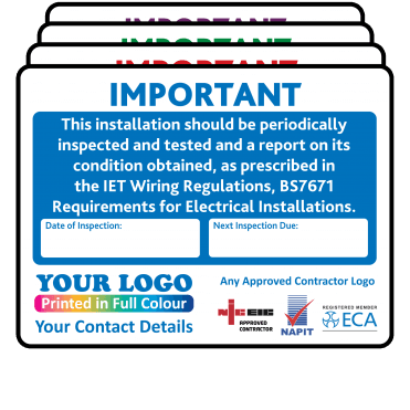 Extra Large Personalised Periodic Inspection (EICR) Labels in Full Colour - Design 2. 100mm x 75mm