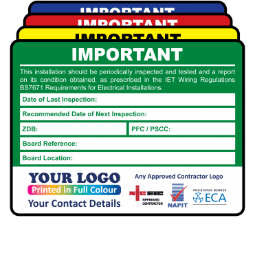 Extra Large Personalised Periodic Inspection (EICR) Labels in Full Colour - Design 4. 100mm x 75mm