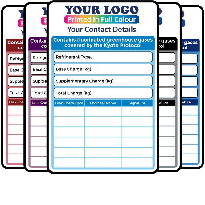 Full Colour Max F-Gas Information & Annual Leak Check Labels – Design 1. Choice of Colours. 155mm x 100mm