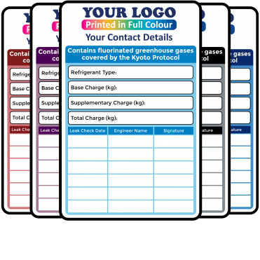 Full Colour Max F-Gas Information & Annual Leak Check Labels – Design 1. Choice of Colours. 155mm x 100mm