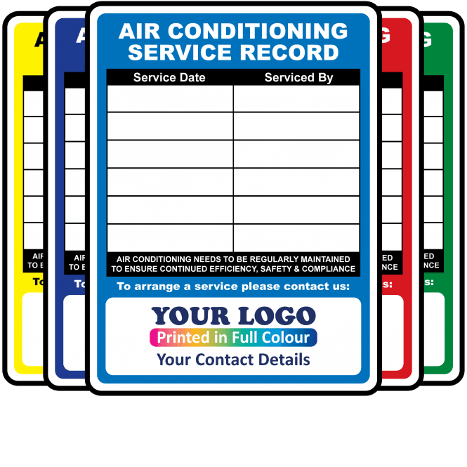 Full Colour Medium Air Conditioning Service Record Labels – Design 1. Choice of Colours. 100mm x 75mm