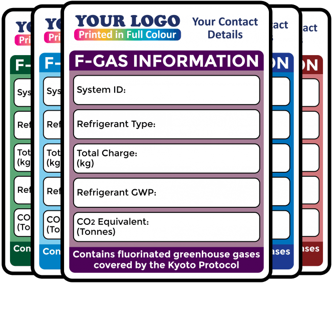 Full Colour Medium F-Gas Information Labels – Design 1. Choice of Colours. 100mm x 75mm