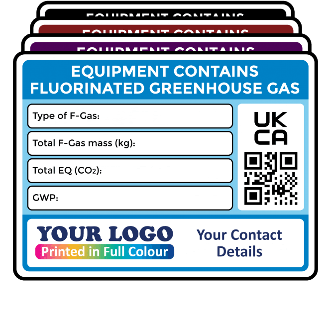 Full Colour Medium F-Gas Information Labels – Design 2. Choice of Colours. 100mm x 75mm