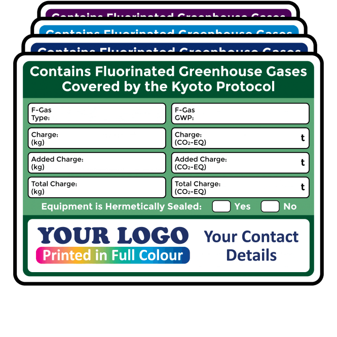 Full Colour Medium F-Gas Information Labels – Design 3. Choice of Colours. 100mm x 75mm