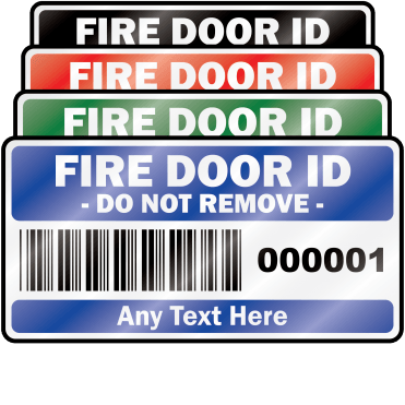 Heavy Duty Standard Size Fire Door ID Labels - Design 2. Choice of colours