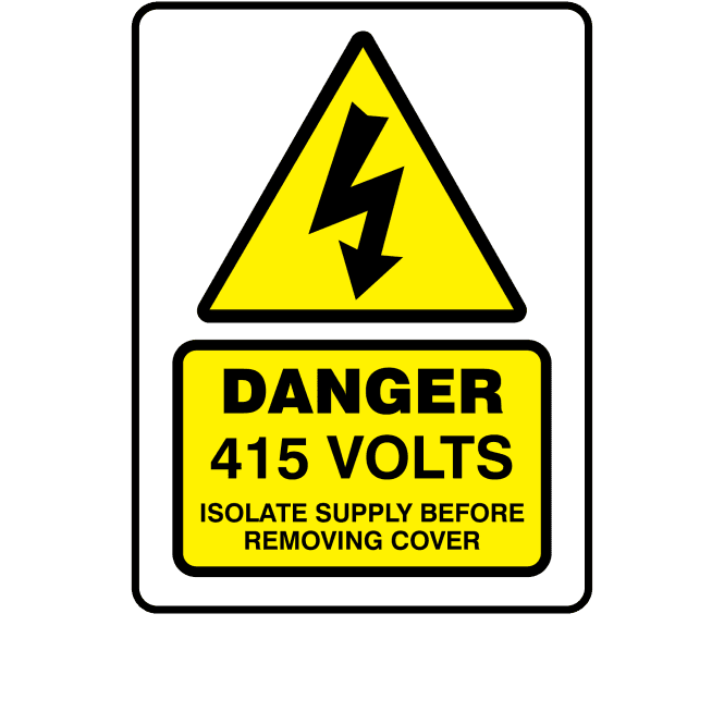 Large Super Stick Danger 415 Volts Isolate Supply Before Removing Cover - Electrical Warning Labels