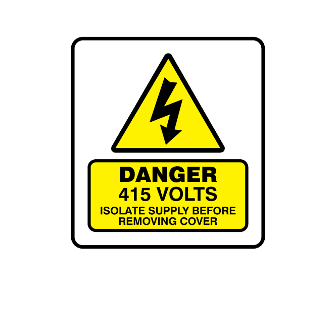 Mini Super Stick Danger 415 Volts Isolate Supply Before Removing Cover - Electrical Warning Labels