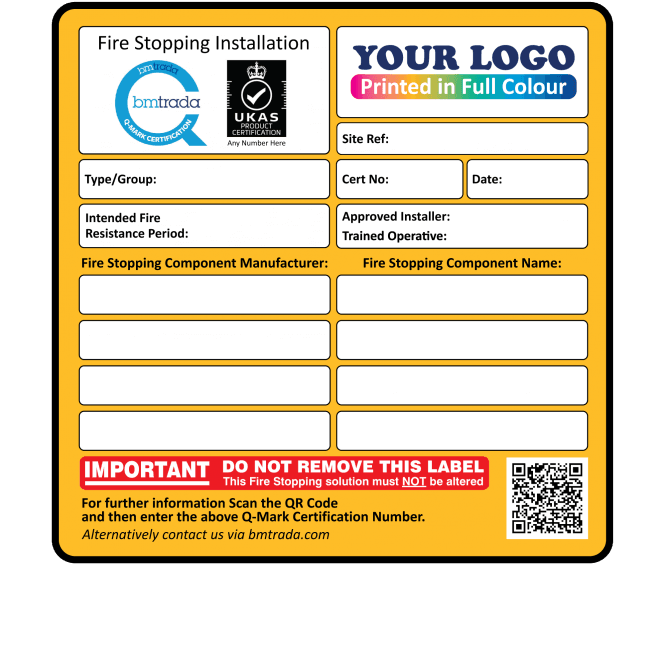 Personalised BM Trada Fire Stopping Installation Labels with UKAS Certification Details - Design 2