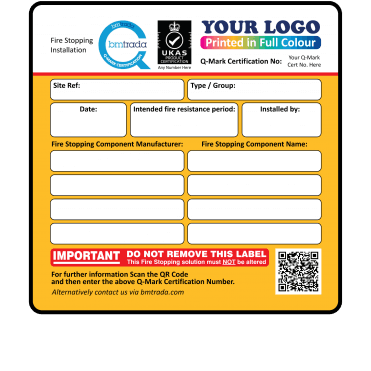 Personalised BM Trada Fire Stopping Installation Labels with UKAS & Q-Mark Certification Details - Design 1