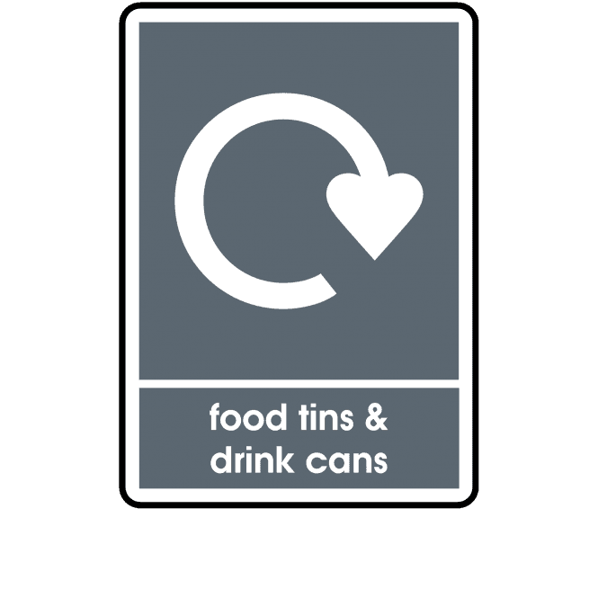 Recycle Food Tins & Drink Cans Label in Silver - WRAP Compliant Signs