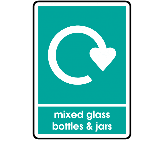 Recycle Mixed Glass, Bottles & Jars Label in Turquoise - WRAP Compliant Signs