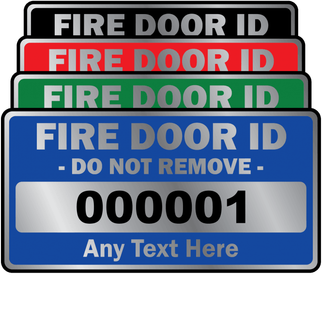 Silver Standard Size Fire Door ID Labels - Design 1. Choice of colours