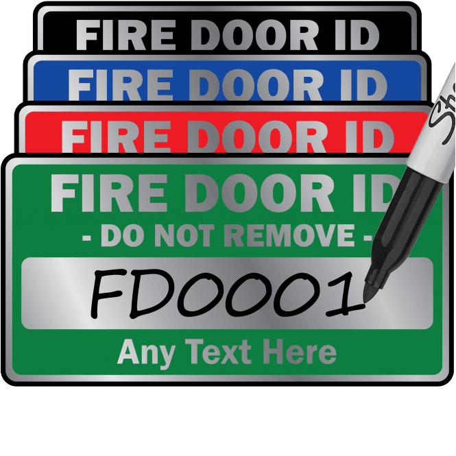 Silver 'Write On' Standard Size Fire Door ID Labels - Design 4. Choice of colours