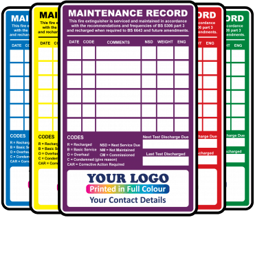 Super Stick Max Fire Extinguisher Maintenance Labels - Design 1. Choice of Colours. 155mm x 100mm