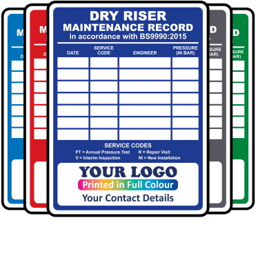 Super Stick Personalised Medium Dry Riser Maintenance Labels - 100mm x 75mm. Choice of colours.