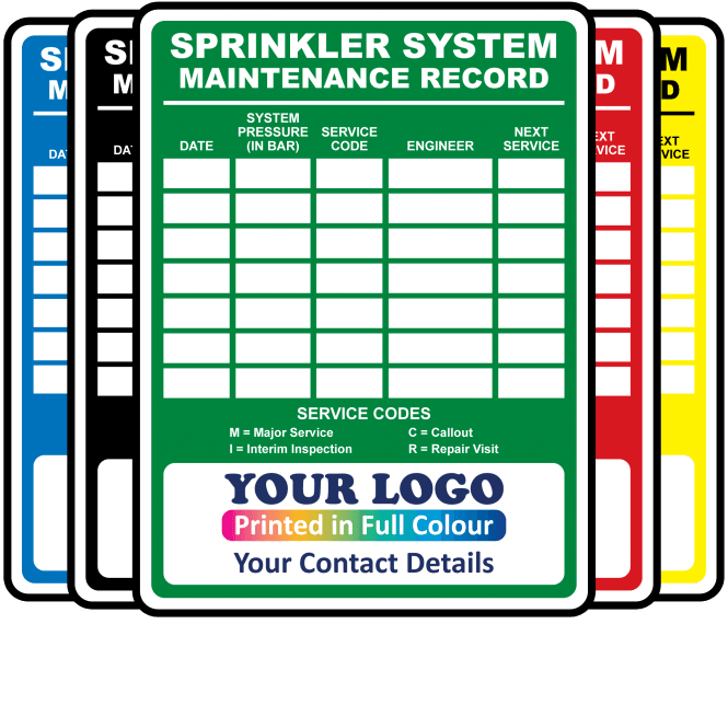 Super Stick Personalised Medium Sprinkler System Maintenance Labels - 100mm x 75mm. Choice of colours.