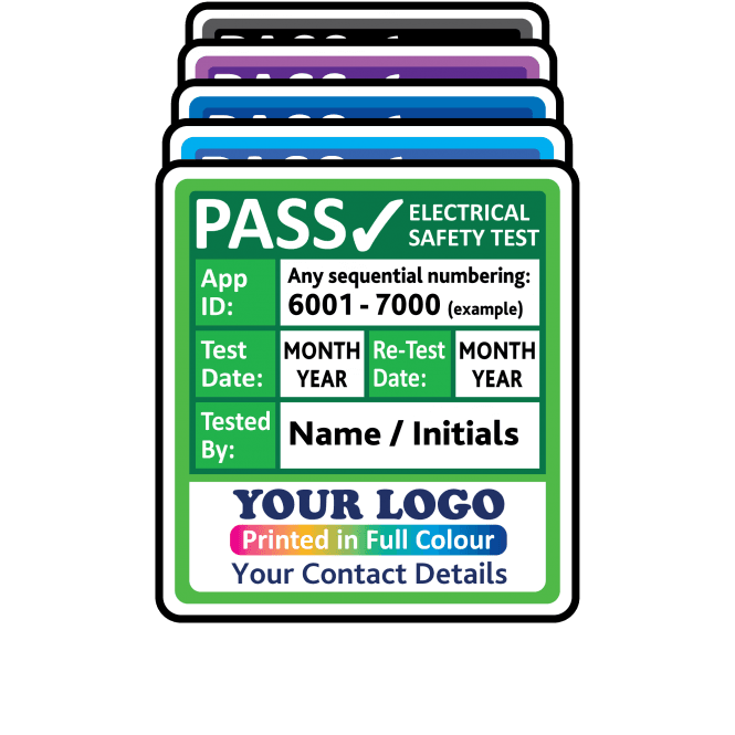Super Stick Personalised PAT Test Labels - Sticks to almost anything! Design 1. Choice of colours